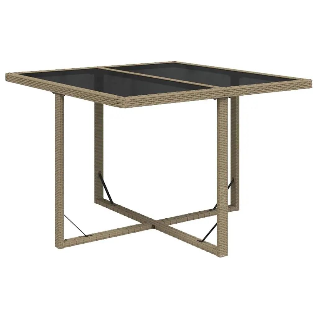 Outdoor Garden Table 109x107x74cm Beige Weather Resistant PE Rattan Tempered Glass Top