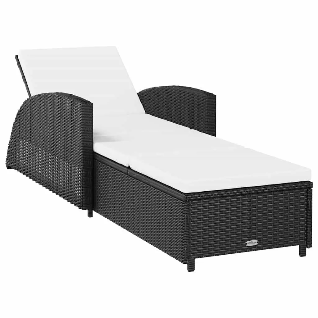 Sun Lounger Outdoor Patio Rattan Black Adjustable Backrest with Cream Cushion