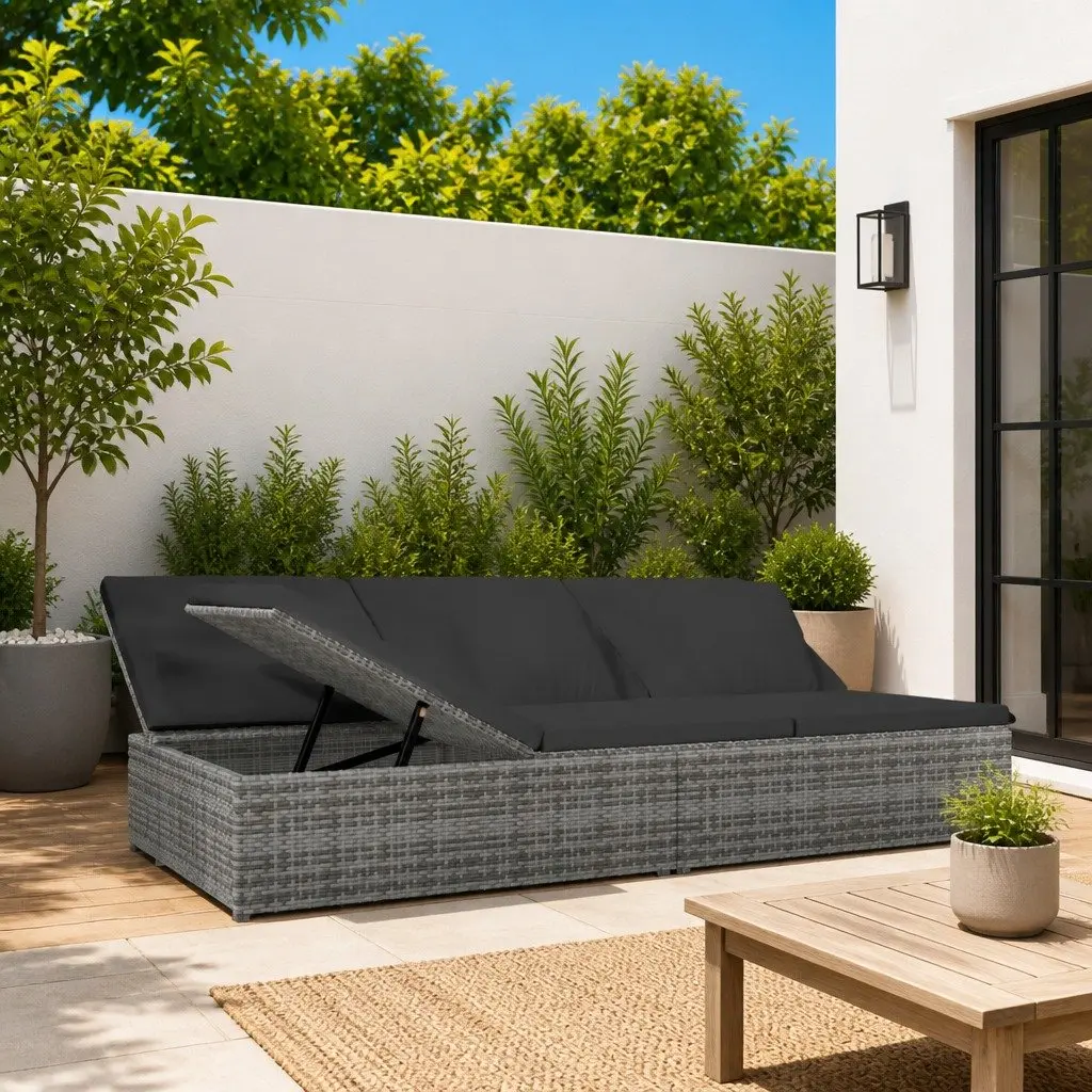 Convertible Sun Bed Sofa Outdoor Garden Lounger Grey PE Rattan with Cushions