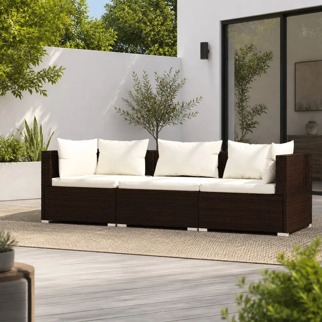 3-Seater Outdoor Sofa with Cushions Waterproof PE Rattan Steel Frame Brown