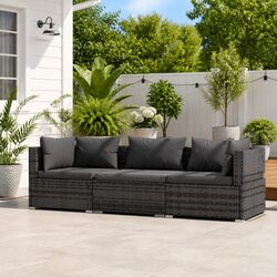 3-Seater Outdoor Sofa Grey PE Rattan Garden Patio Furniture Removable Cushions