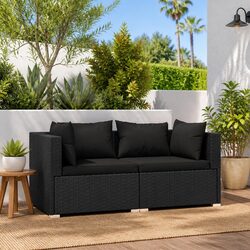 2-Seater Outdoor Garden Sofa Set Black Rattan Patio Furniture with Cushions