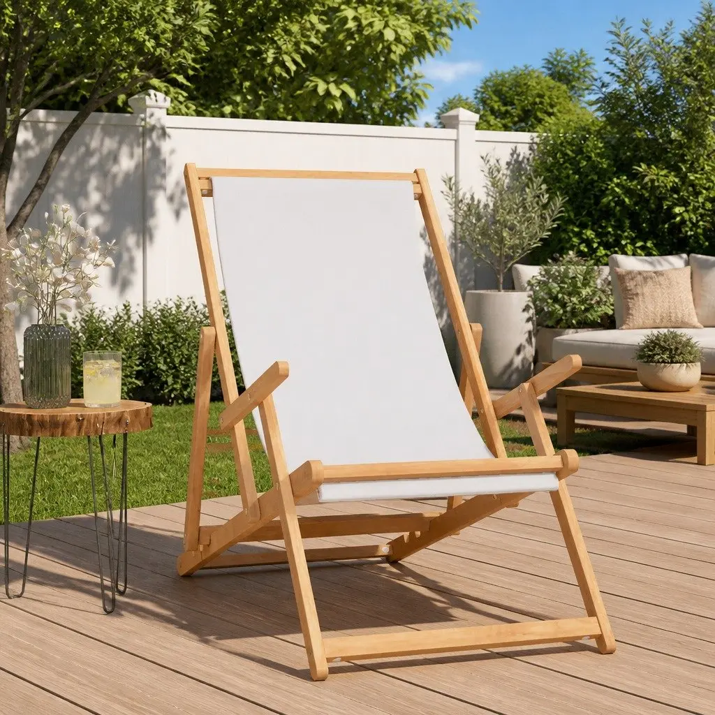Folding Beach Chair Solid Teak Wood Adjustable Backrest Outdoor Seating