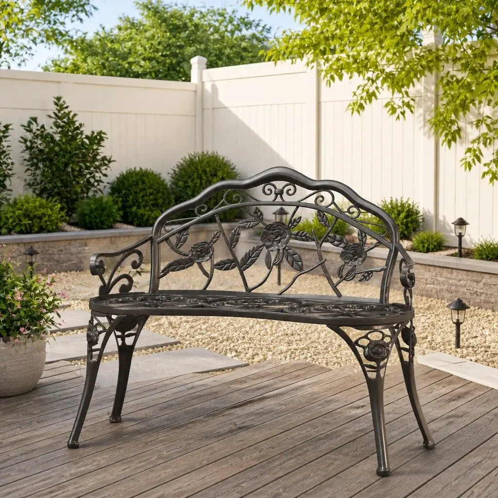 Outdoor Garden Bench 99cm Cast Aluminium Patio Seating Black Ornate Design