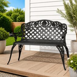 Outdoor Garden Bench 108cm Cast Aluminium Patio Seating Black Ornate Decorative