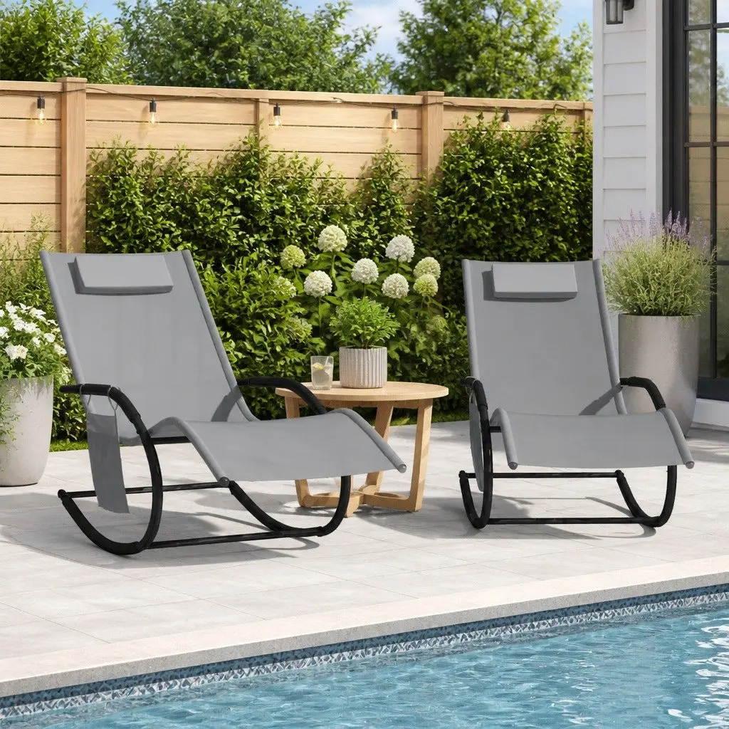 Outdoor Rocking Loungers 2 Piece Grey Textilene Steel Relaxing Chairs