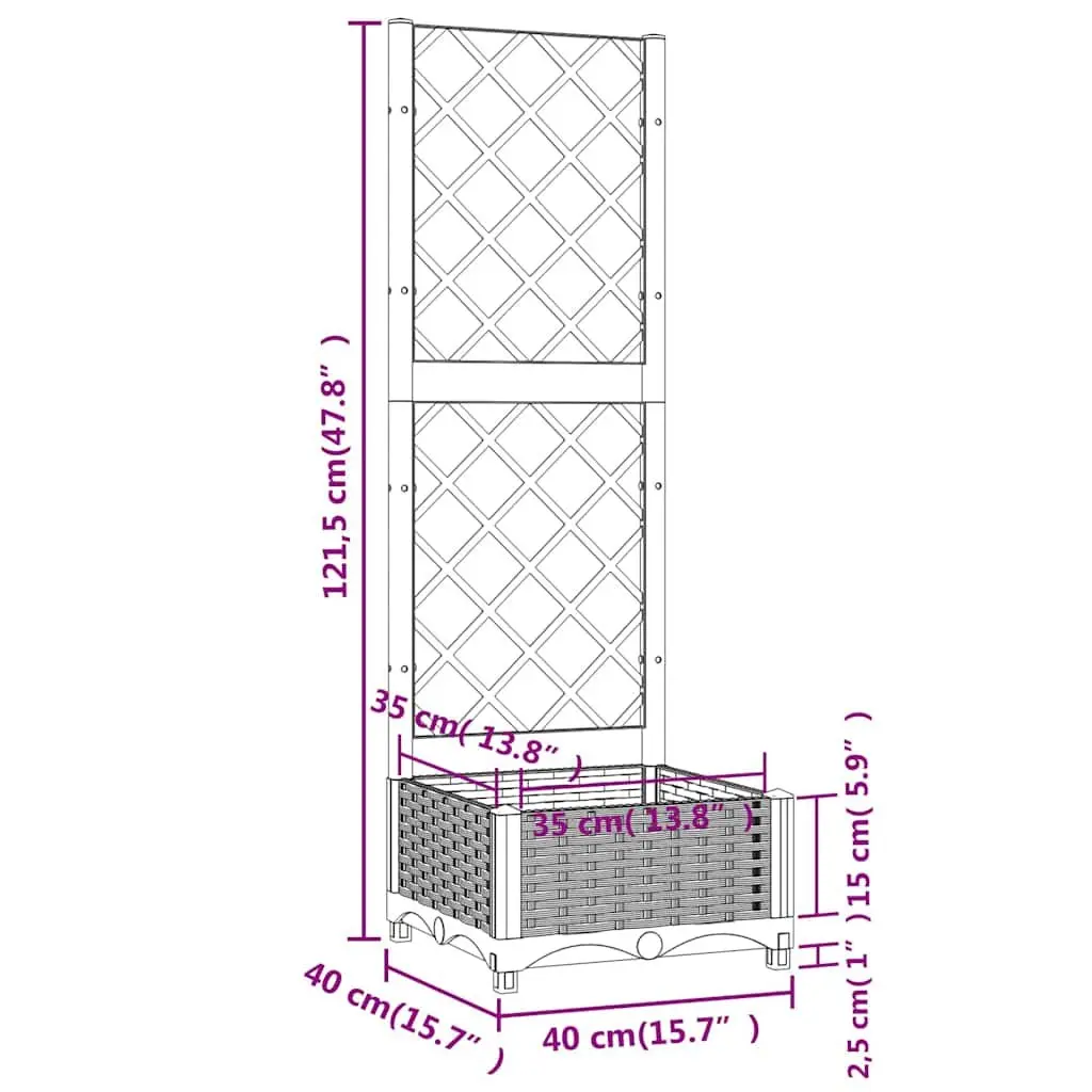 Garden Planter 40 x 40 x 121.5 cm Black Outdoor Planter Box with Integrated Trellis for Climbing Plants Support