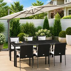 7 Piece Garden Dining Set Outdoor Furniture Black Poly Rattan with Cushions