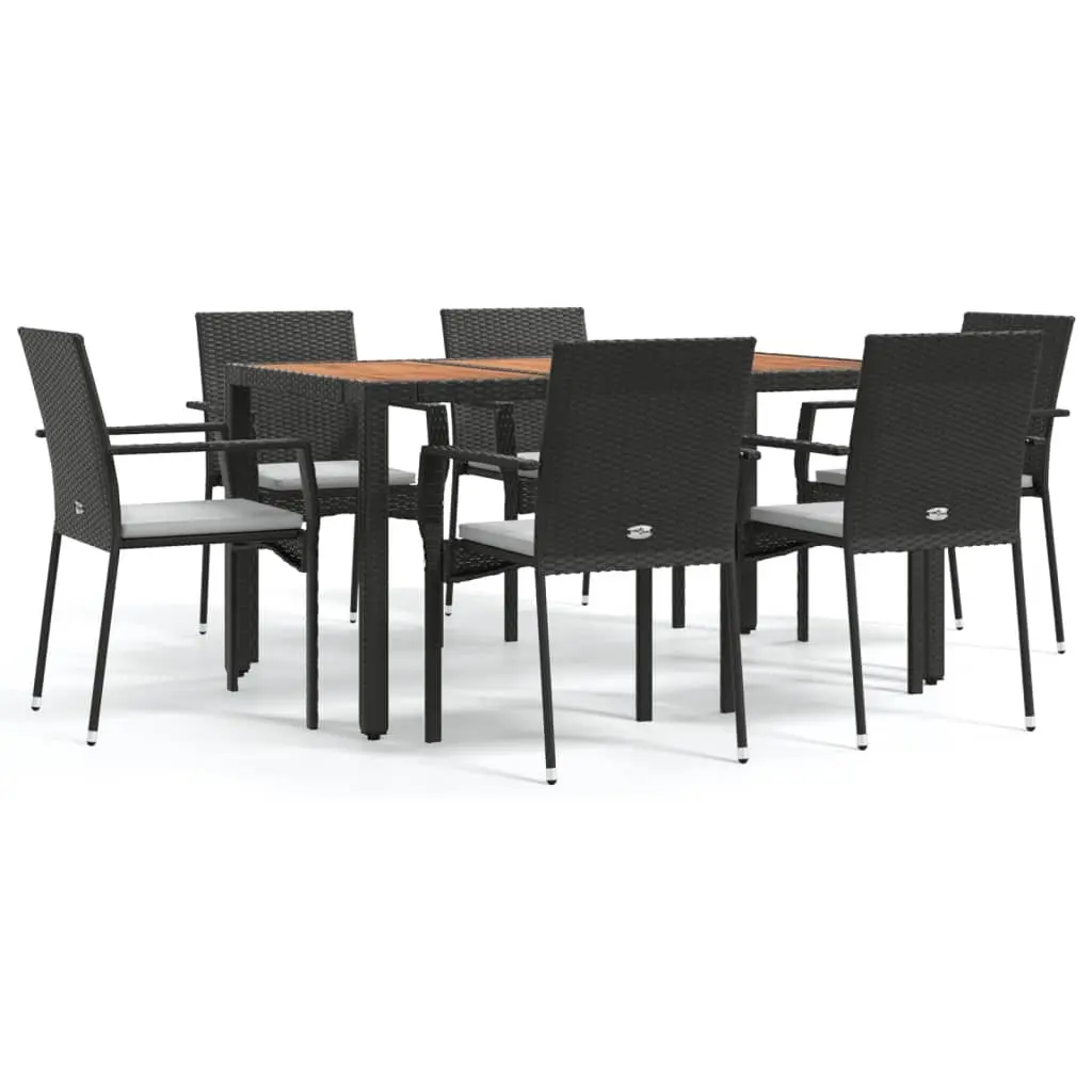 7 Piece Outdoor Garden Dining Set Black Poly Rattan Weather-Resistant Steel Frame Acacia Wood Table