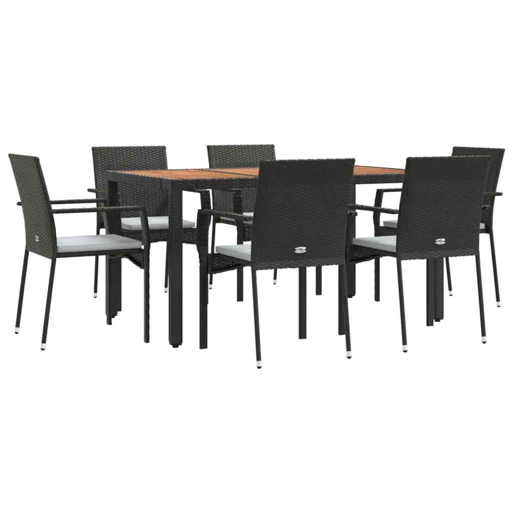 7 Piece Outdoor Garden Dining Set Black Poly Rattan Weather-Resistant Steel Frame Acacia Wood Table