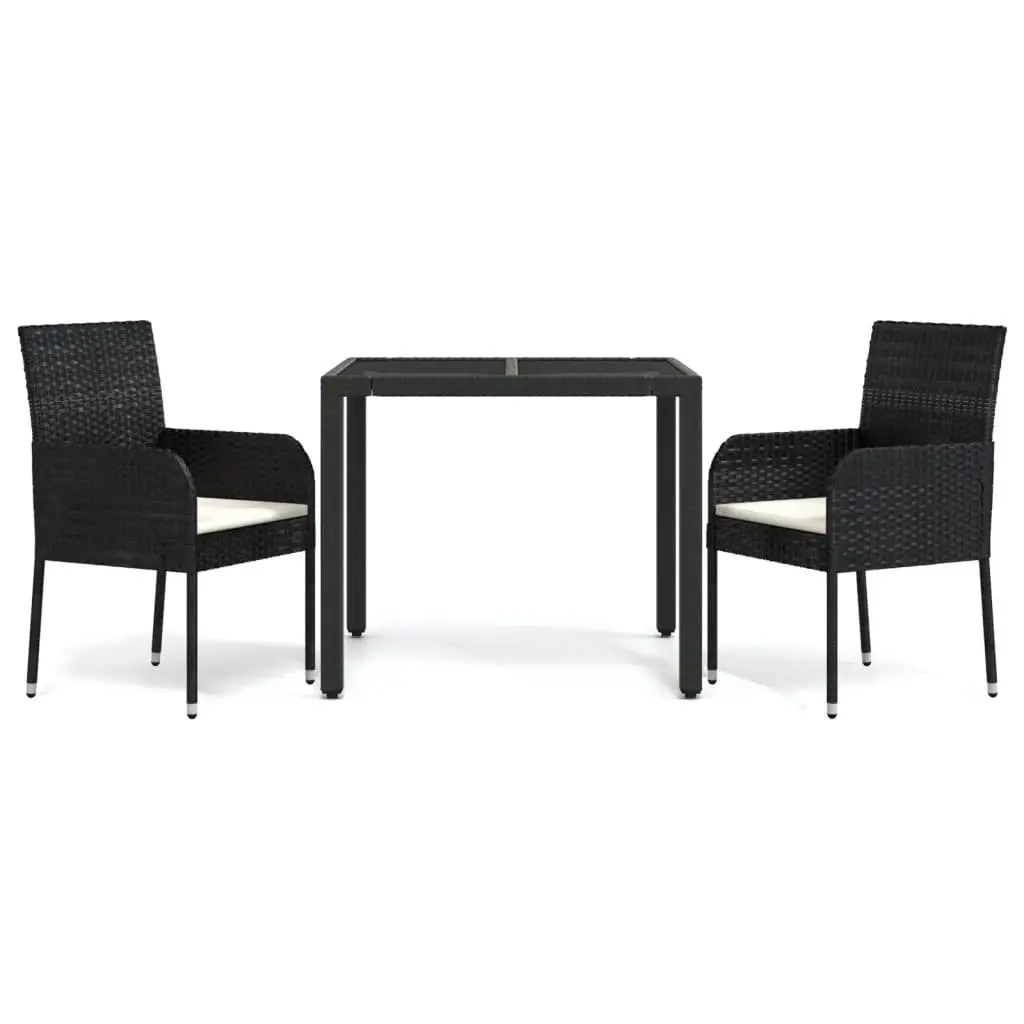 Garden Dining Set 3 Piece Outdoor Patio Furniture Black Weather-Resistant Poly Rattan Tempered Glass Top