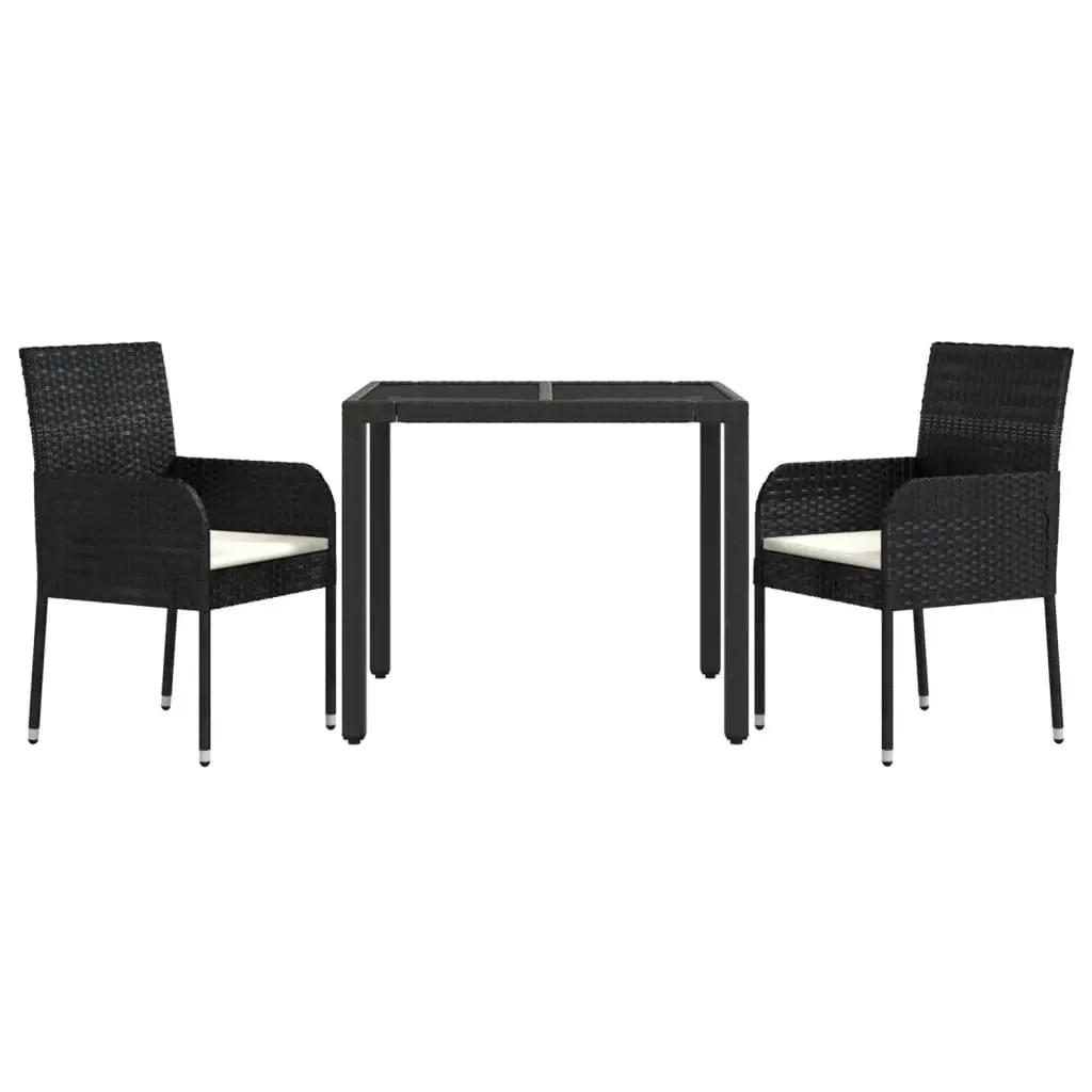 Garden Dining Set 3 Piece Outdoor Patio Furniture Black Weather-Resistant Poly Rattan Tempered Glass Top