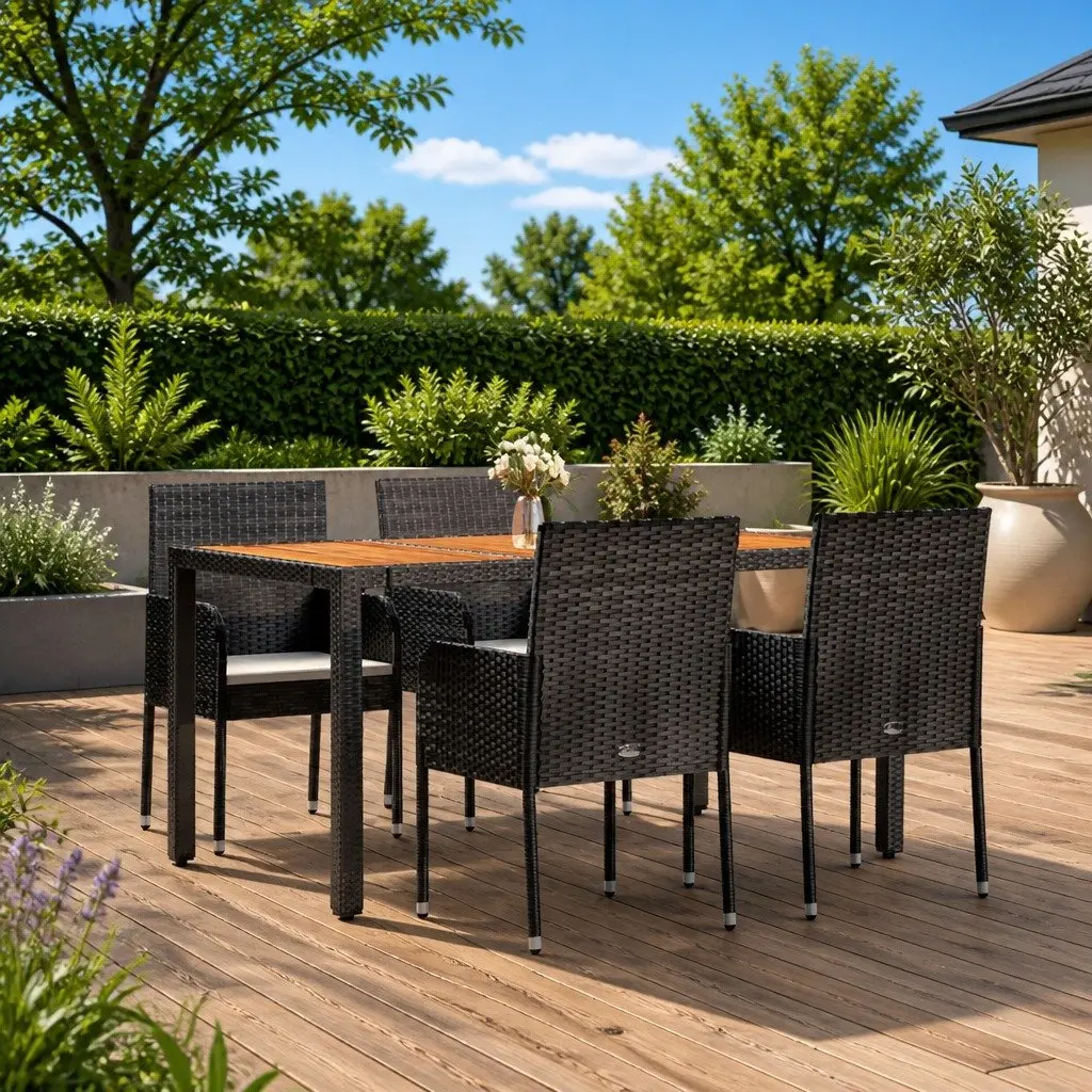 Outdoor Garden Dining Set 5 Piece Black Weather Resistant PE Rattan Steel Frame Acacia Wood Table