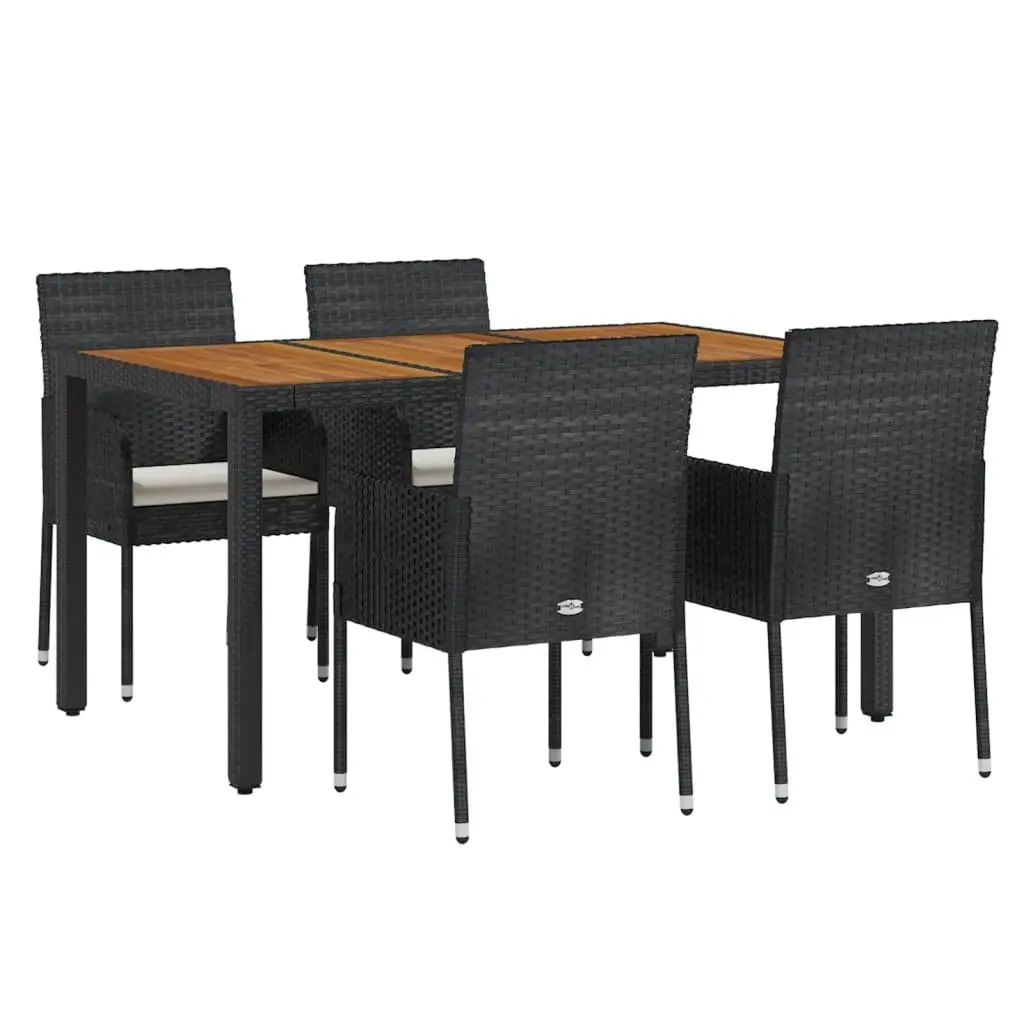 Outdoor Garden Dining Set 5 Piece Black Weather Resistant PE Rattan Steel Frame Acacia Wood Table