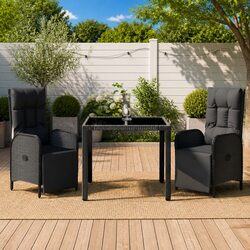 3 Piece Outdoor Dining Set Garden Furniture Black Poly Rattan Table Chairs
