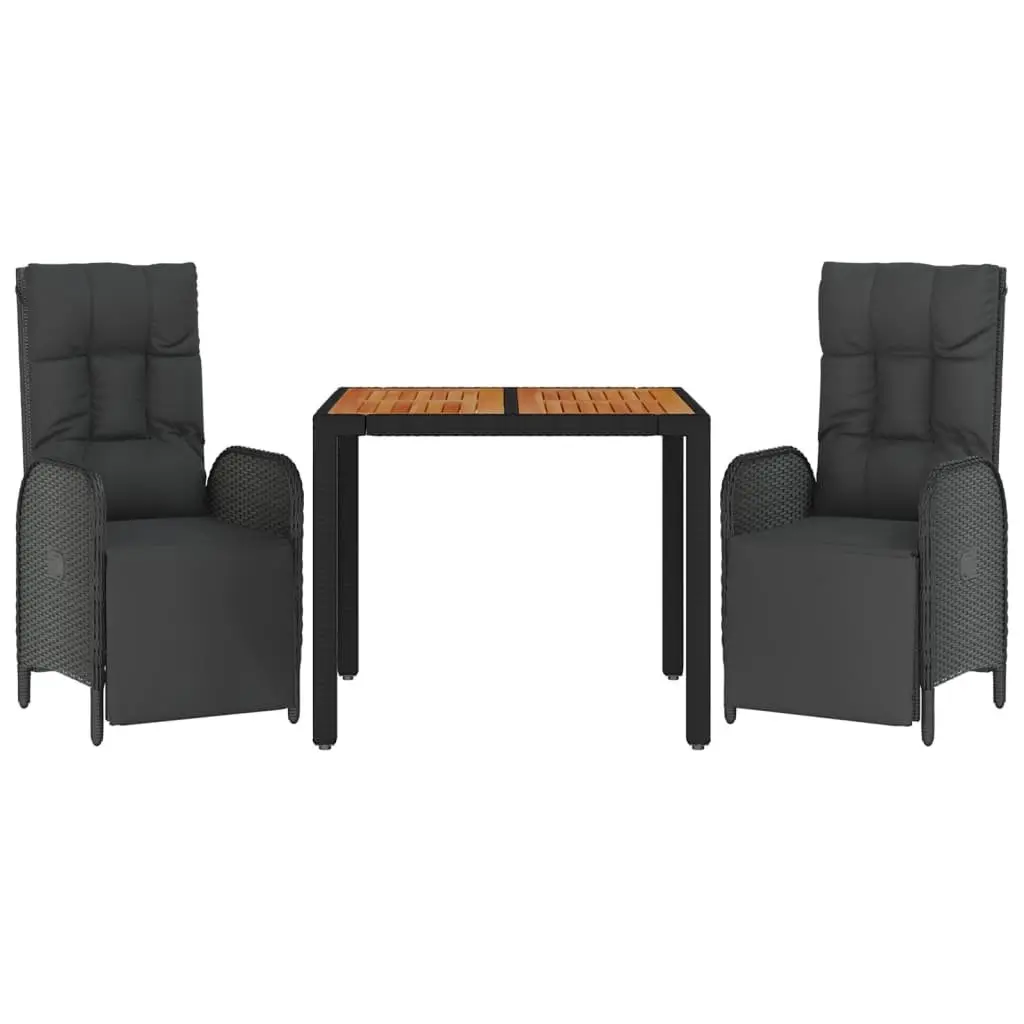 3 Piece Outdoor Dining Set Black Poly Rattan Chairs Table Weather Resistant Padded Cushions