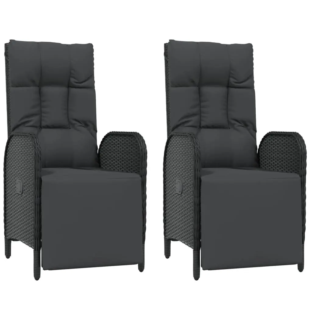 3 Piece Outdoor Dining Set Black Poly Rattan Chairs Table Weather Resistant Padded Cushions