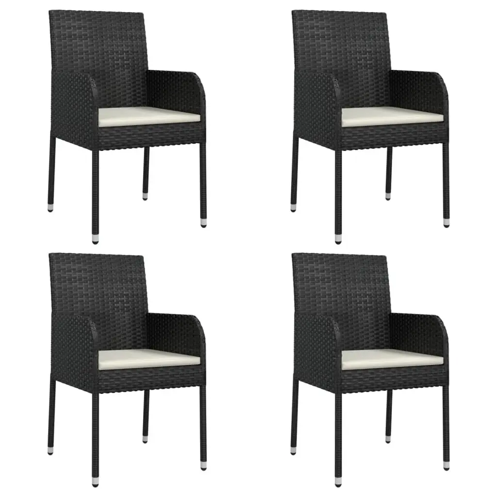 5 Piece Garden Dining Set Black Poly Rattan Outdoor Patio Furniture with Tempered Glass Tabletop and Padded Cushions