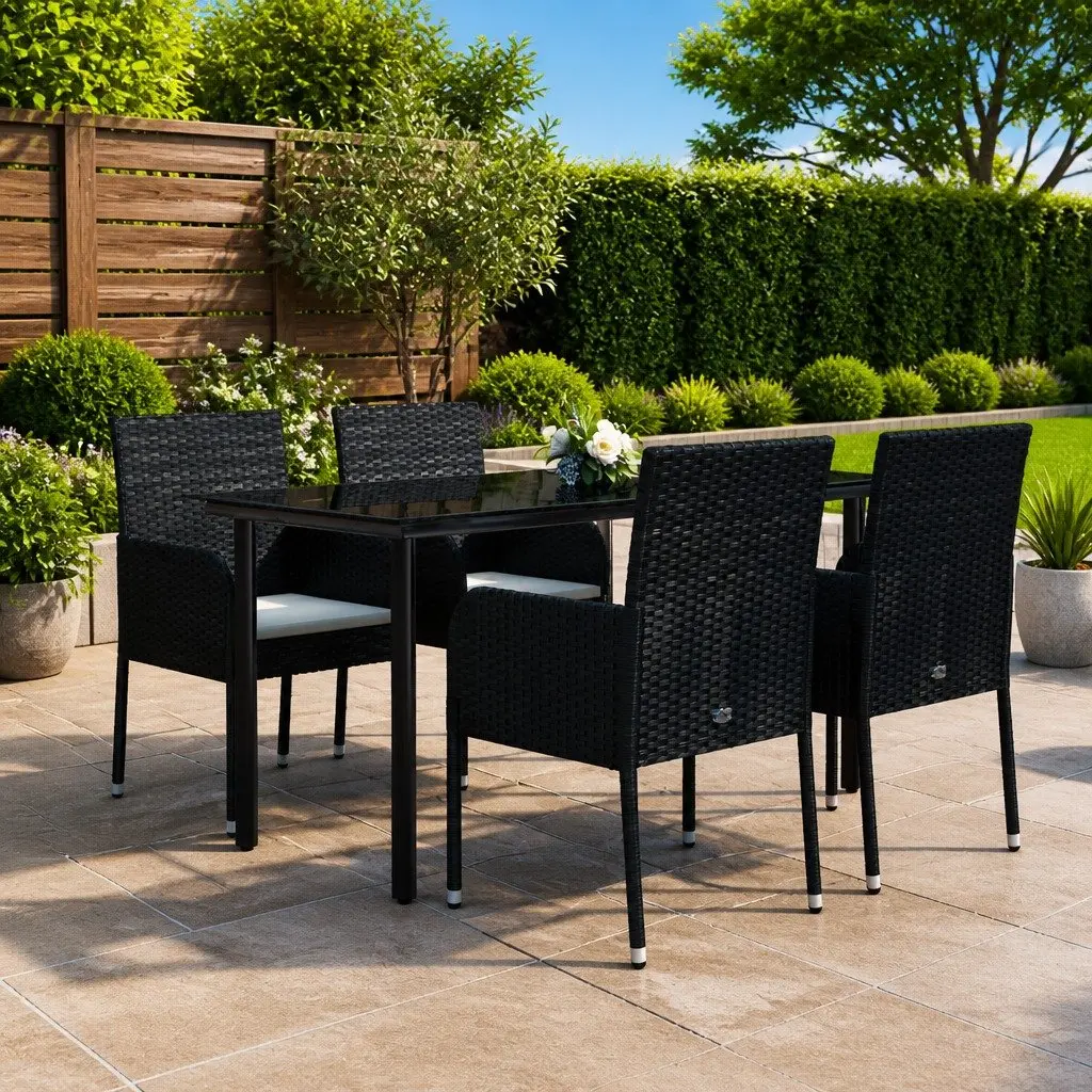 5 Piece Outdoor Garden Dining Set Black Weather-Resistant PE Rattan Chairs Table with Cushions