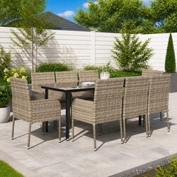 Outdoor Patio Dining Set: 9 Pieces in Grey Rattan