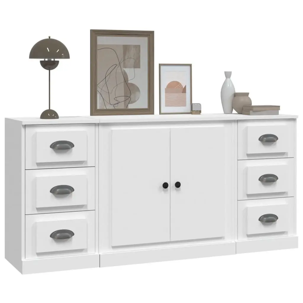Set of 3 White Sideboards Engineered Wood Storage Cabinet Buffet Display