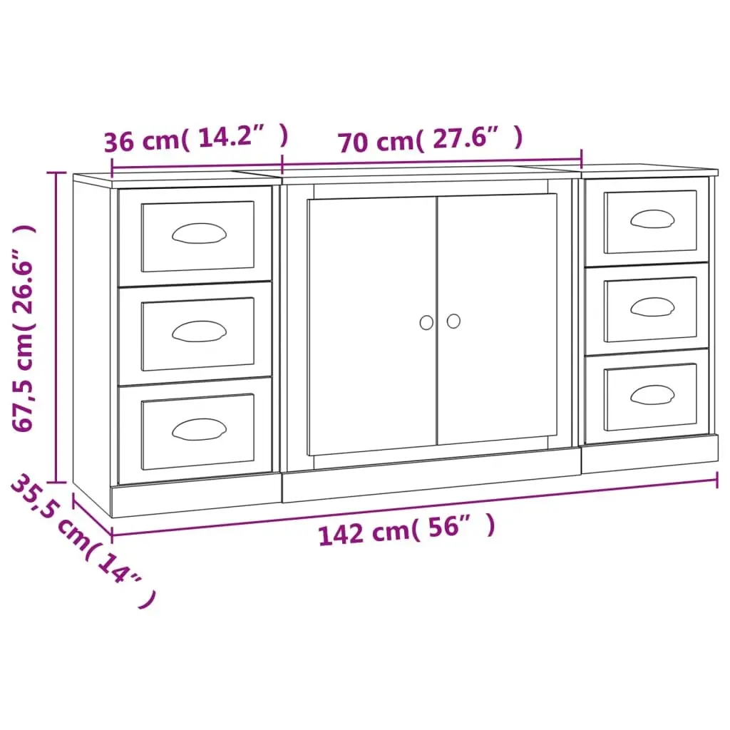 Set of 3 White Sideboards Engineered Wood Storage Cabinet Buffet Display
