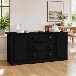 Black Sideboards 3 pcs Storage Cabinet Engineered Wood Buffet Furniture Set