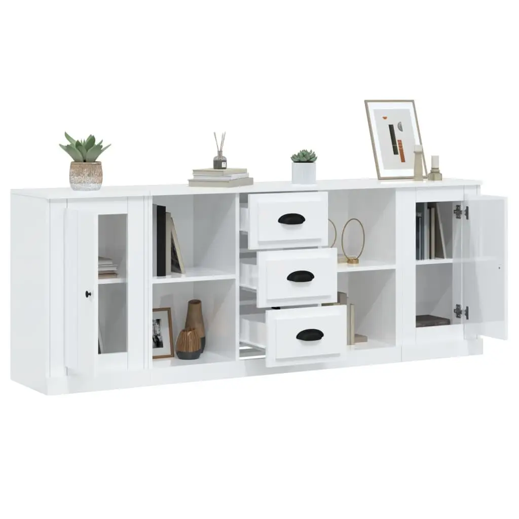 Sideboards 3 Piece High Gloss White Storage Cabinet Buffet Furniture Set