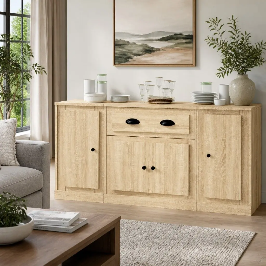 Brown Engineered Wood Sideboard Set 3 Pieces Storage Cabinet Buffet Display Unit