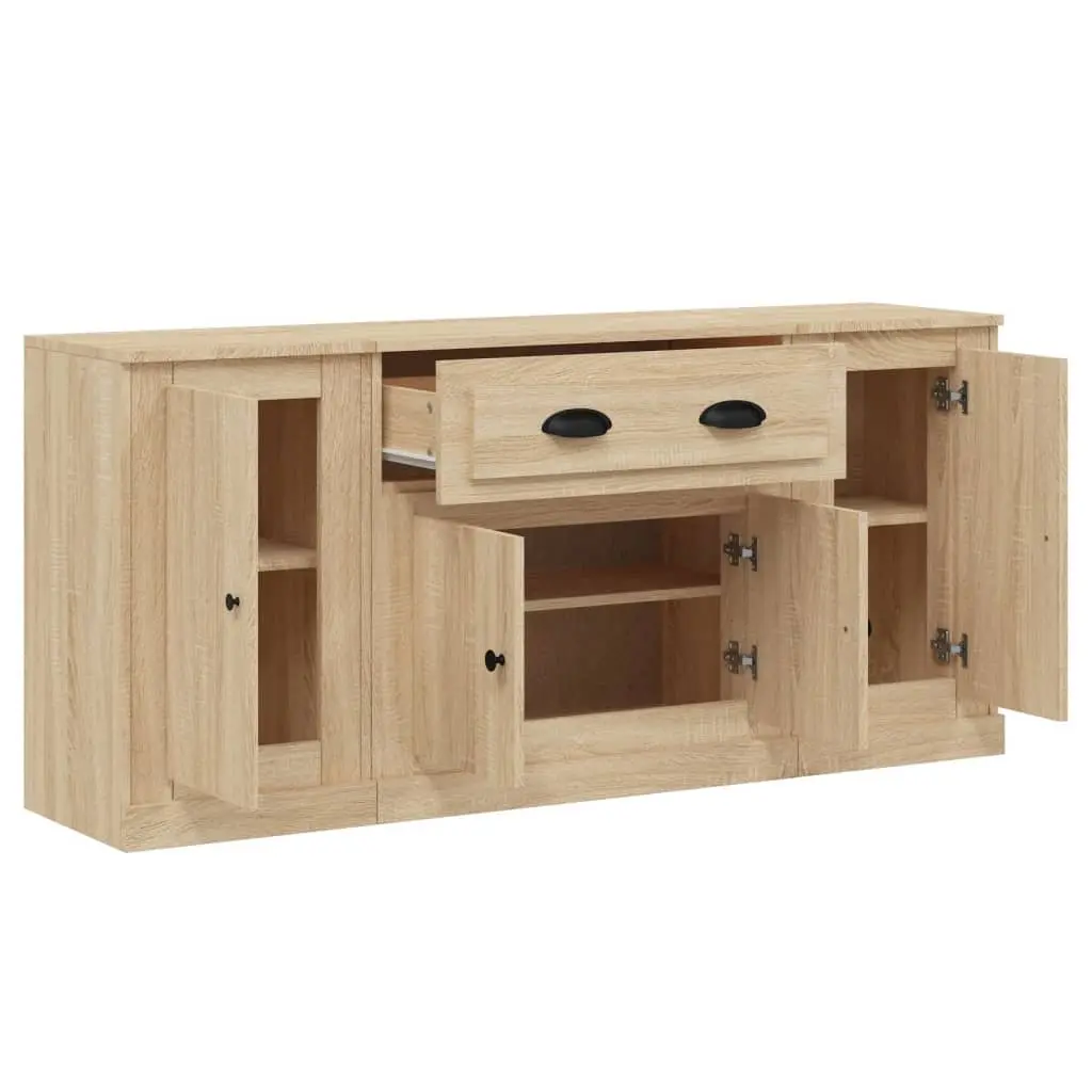 Brown Engineered Wood Sideboard Set 3 Pieces Storage Cabinet Buffet Display Unit