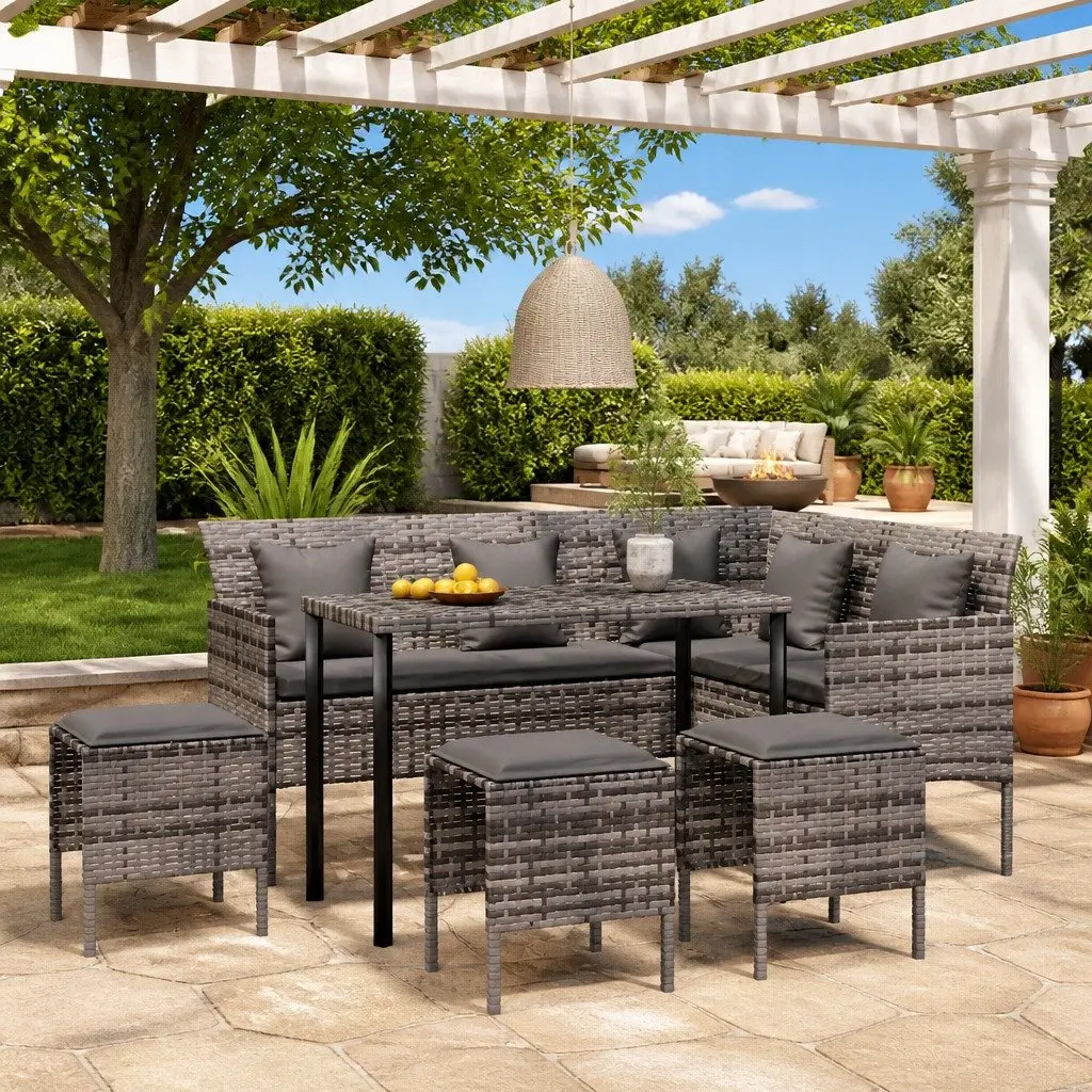 L-Shaped Outdoor Sofa Set 5 Piece Weather-Resistant PE Rattan Grey with Thickly Padded Cushions