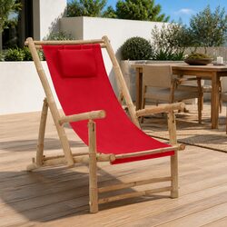 Outdoor Deck Chair Bamboo Frame Canvas Red Garden Patio Lounger Adjustable