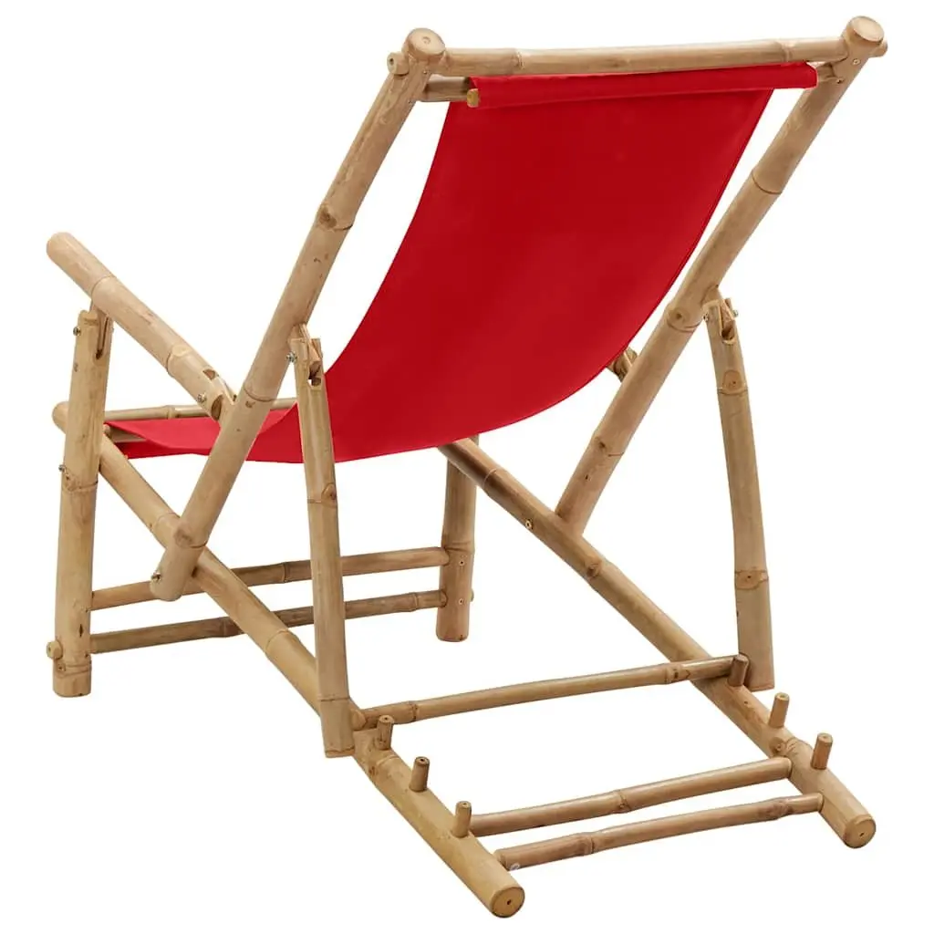 Outdoor Deck Chair Bamboo Frame Canvas Red Adjustable Backrest