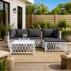 5 Piece Garden Lounge Set White Steel Frame Woven Fabric Cushions Outdoor Sofa