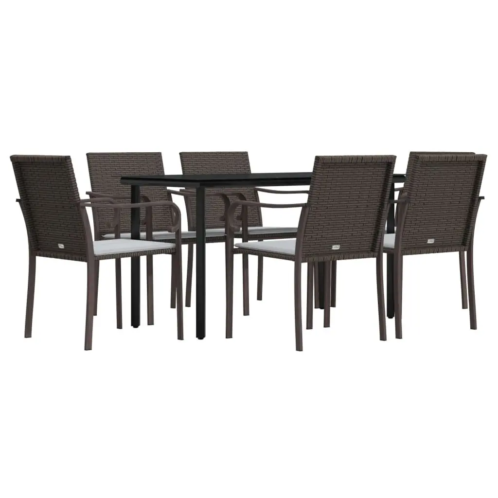 7 Piece Garden Dining Set Brown Poly Rattan Steel Frame Patio Furniture with Cushioned Chairs