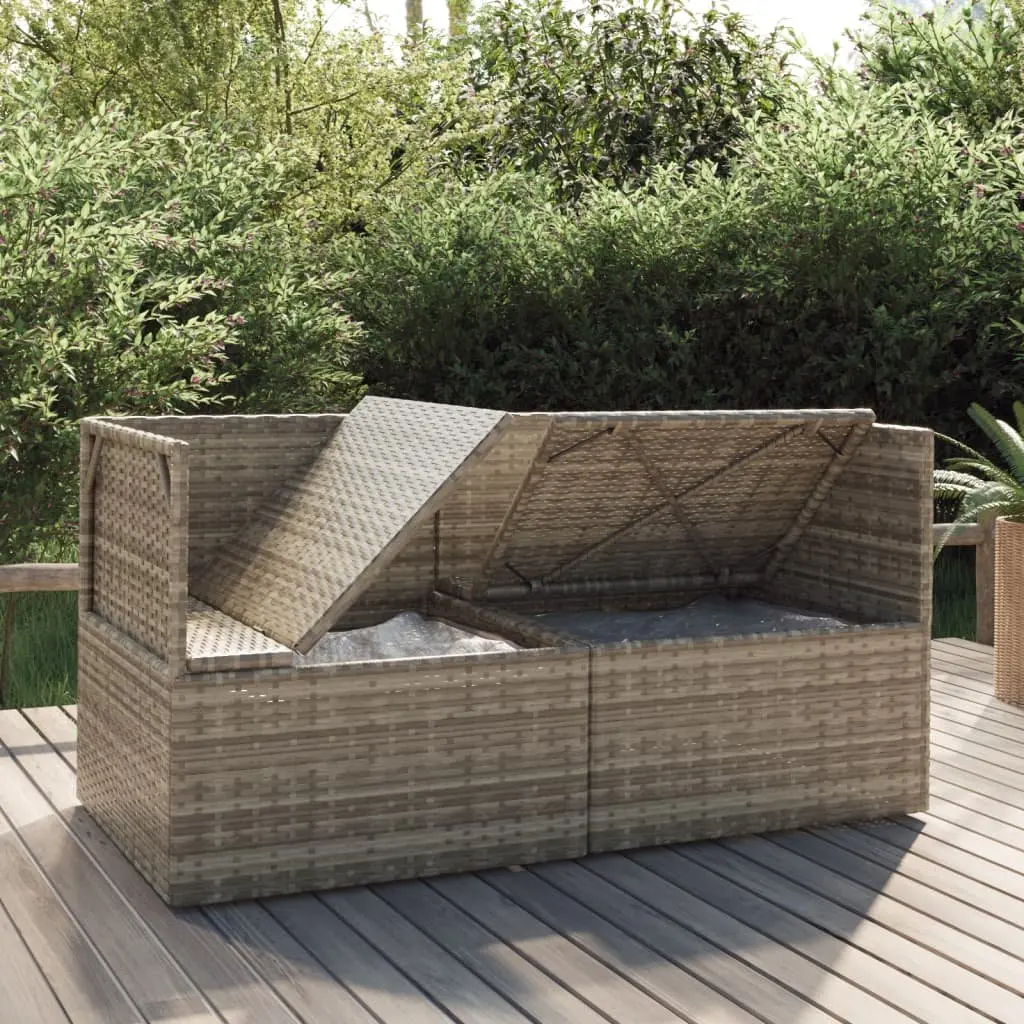 2-Seater Garden Sofa Grey Poly Rattan Outdoor Patio Lounge Couch with Cushions and Storage Space