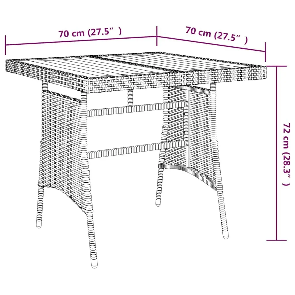 Garden Table 70 x 70 cm Grey Outdoor Dining Patio Furniture Solid Acacia Wood Top Powder-coated Steel Frame PE Rattan Weather Resistant