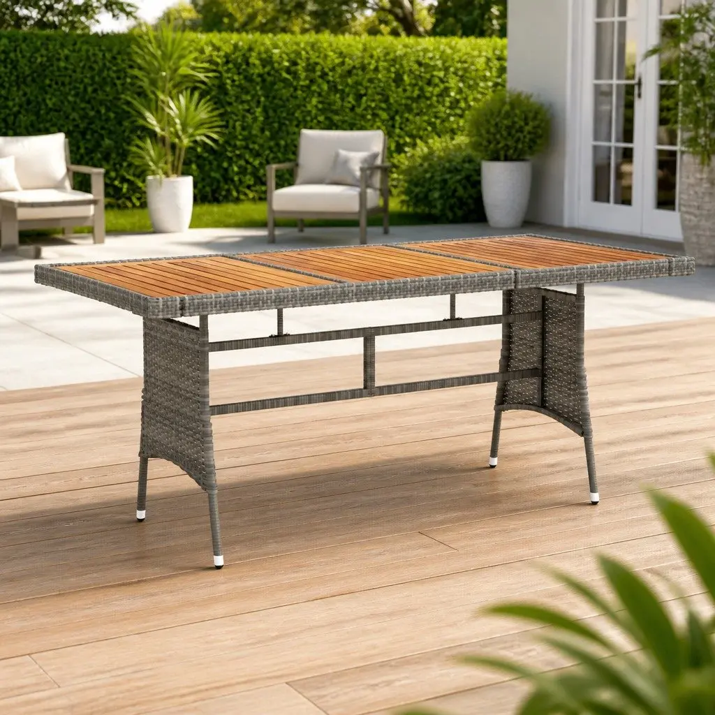 Outdoor Dining Table 160cm Solid Acacia Wood Top Powder-Coated Steel Frame PE Rattan Covering Grey