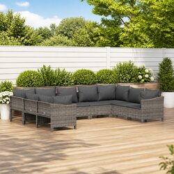 9 Piece Garden Lounge Set Outdoor Furniture with Cushions Grey Poly Rattan