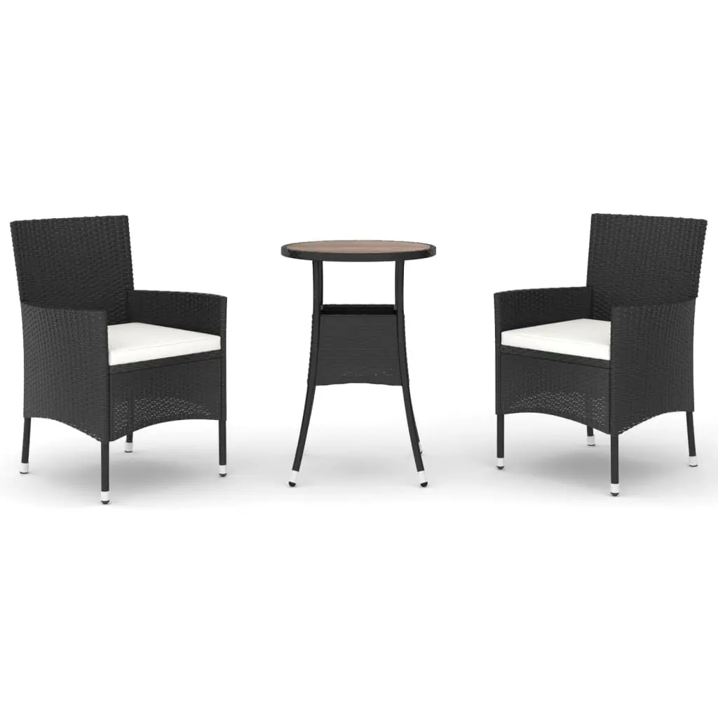 Garden Bistro Set 3 Piece Outdoor Furniture Black PE Rattan Chairs Table with Cushions