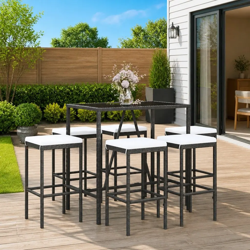 7 Piece Garden Bar Set Outdoor Patio Furniture Black Rattan with Cushions
