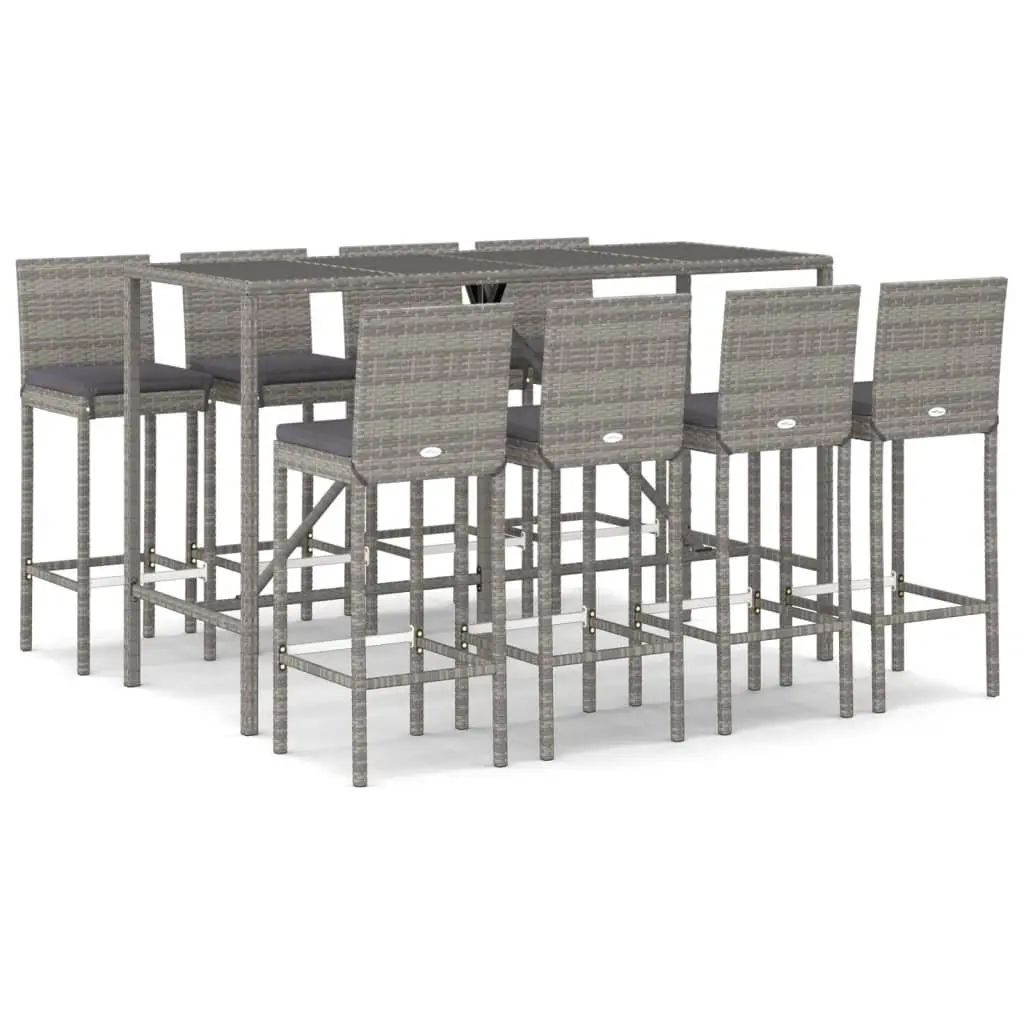 9PieceGreyPolyRattanOutdoorBarSetwithCushionsforPatioGardenFurniture