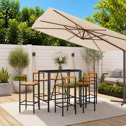 7 Piece Outdoor Garden Bar Set Black Poly Rattan Patio Furniture with Chairs