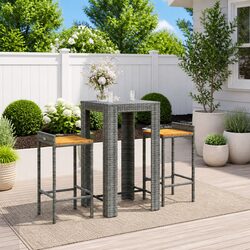 Garden Bar Set 3 Piece Grey Poly Rattan Stool Table Outdoor Patio Furniture