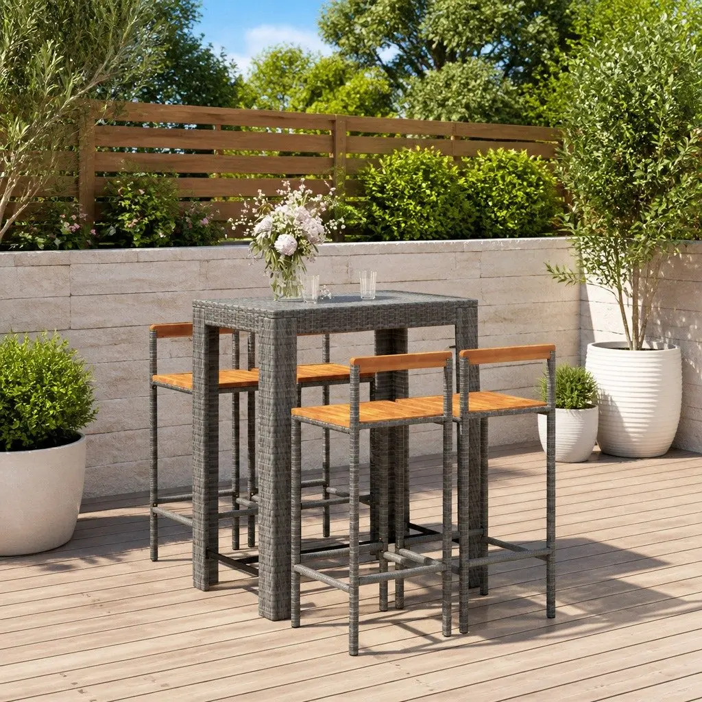 Outdoor Furniture Set 5 Piece Grey Bar Table Stools Weather Resistant PE Rattan