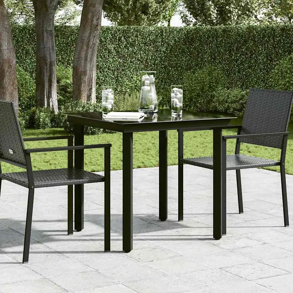 Garden Dining Table 80x80 cm Black Powder-coated Steel Frame Glass Top