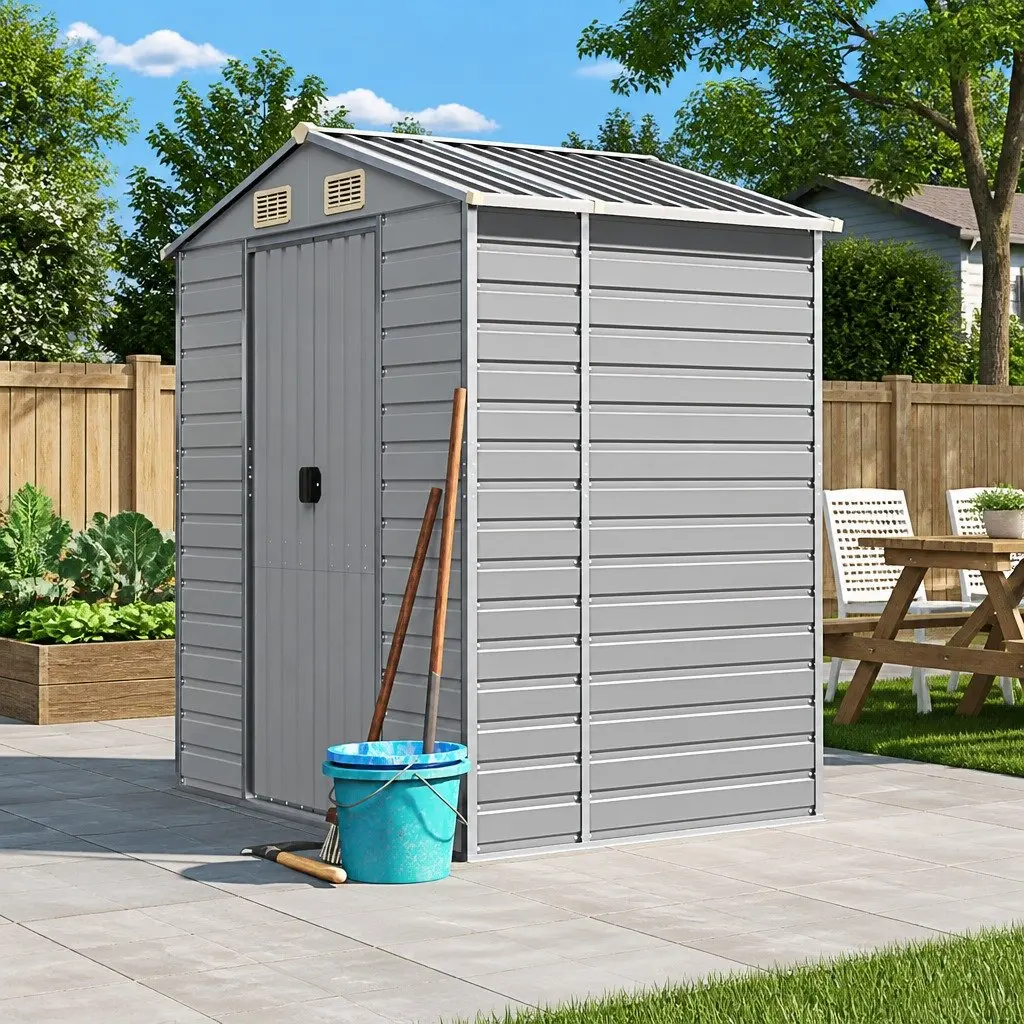 Galvanised Steel Garden Storage Shed Grey 191x130x198cm Robust Outdoor Tool House