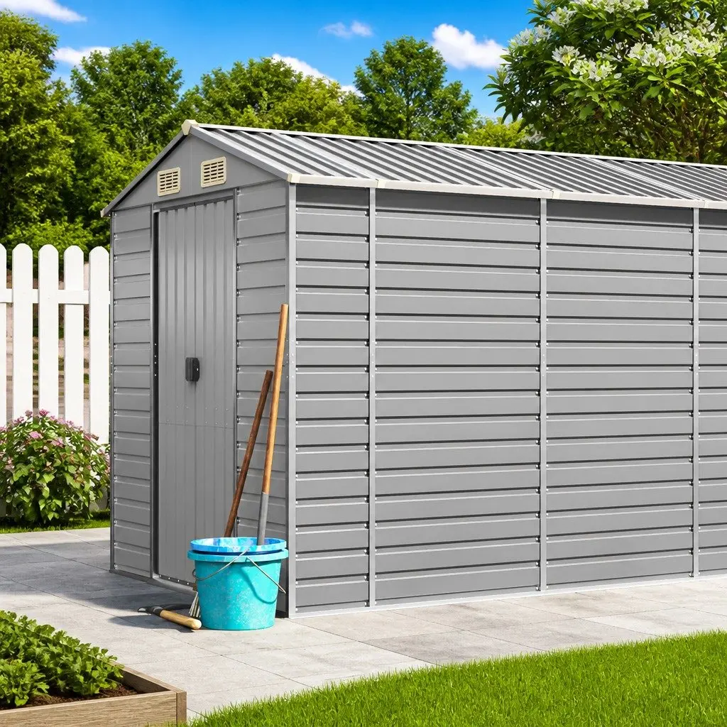 Garden Shed Grey Metal Outdoor Storage Tool House Galvanised Steel 191x725x198