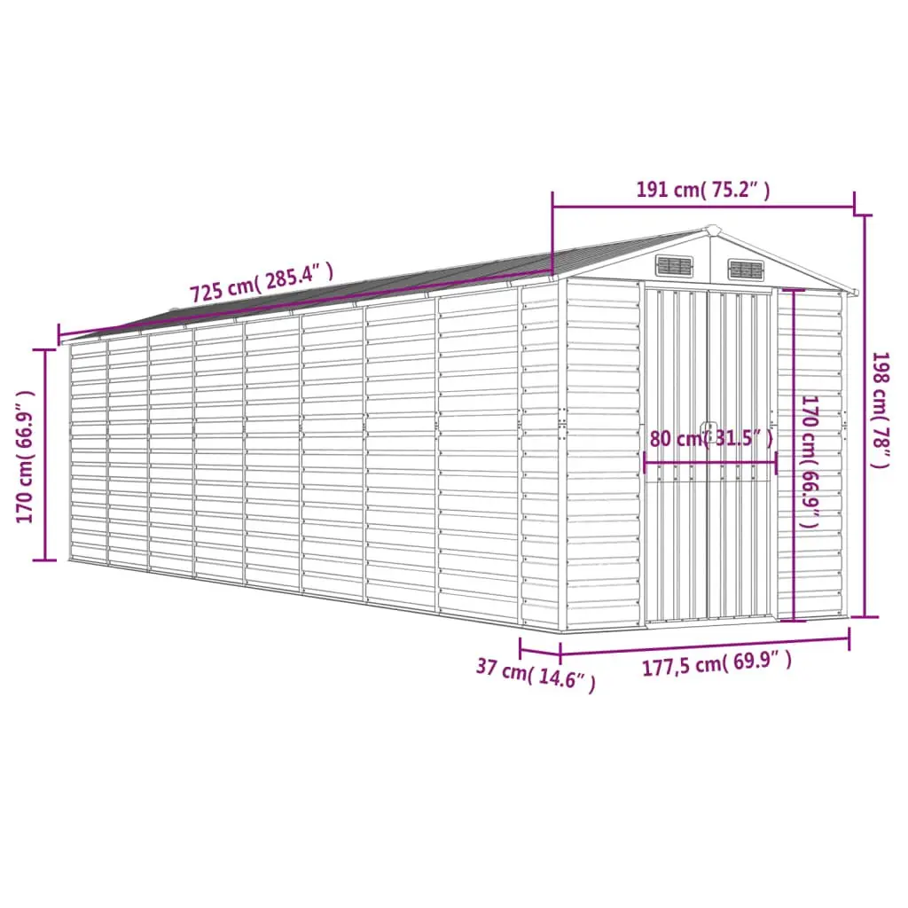 Garden Shed Grey Metal Outdoor Storage Tool House Galvanised Steel 191x725x198
