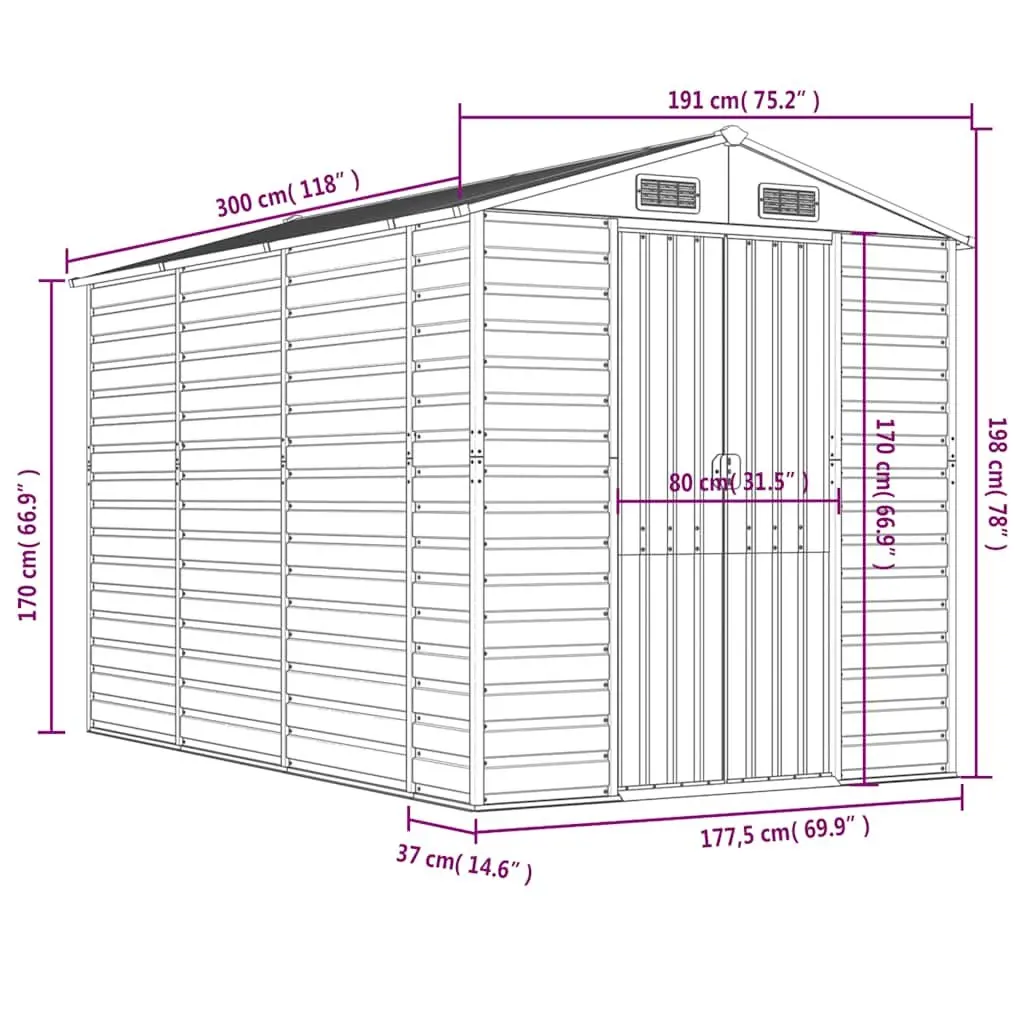 Garden Shed 191x300x198 cm Galvanised Steel Outdoor Storage with Ventilation